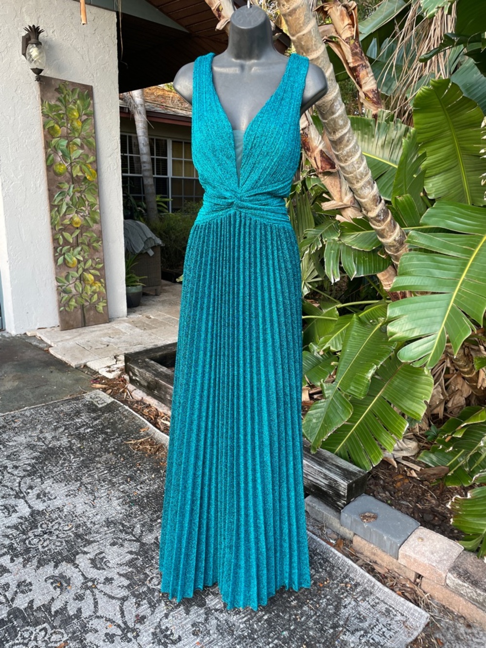 teal blue metallic pleated deep V gown